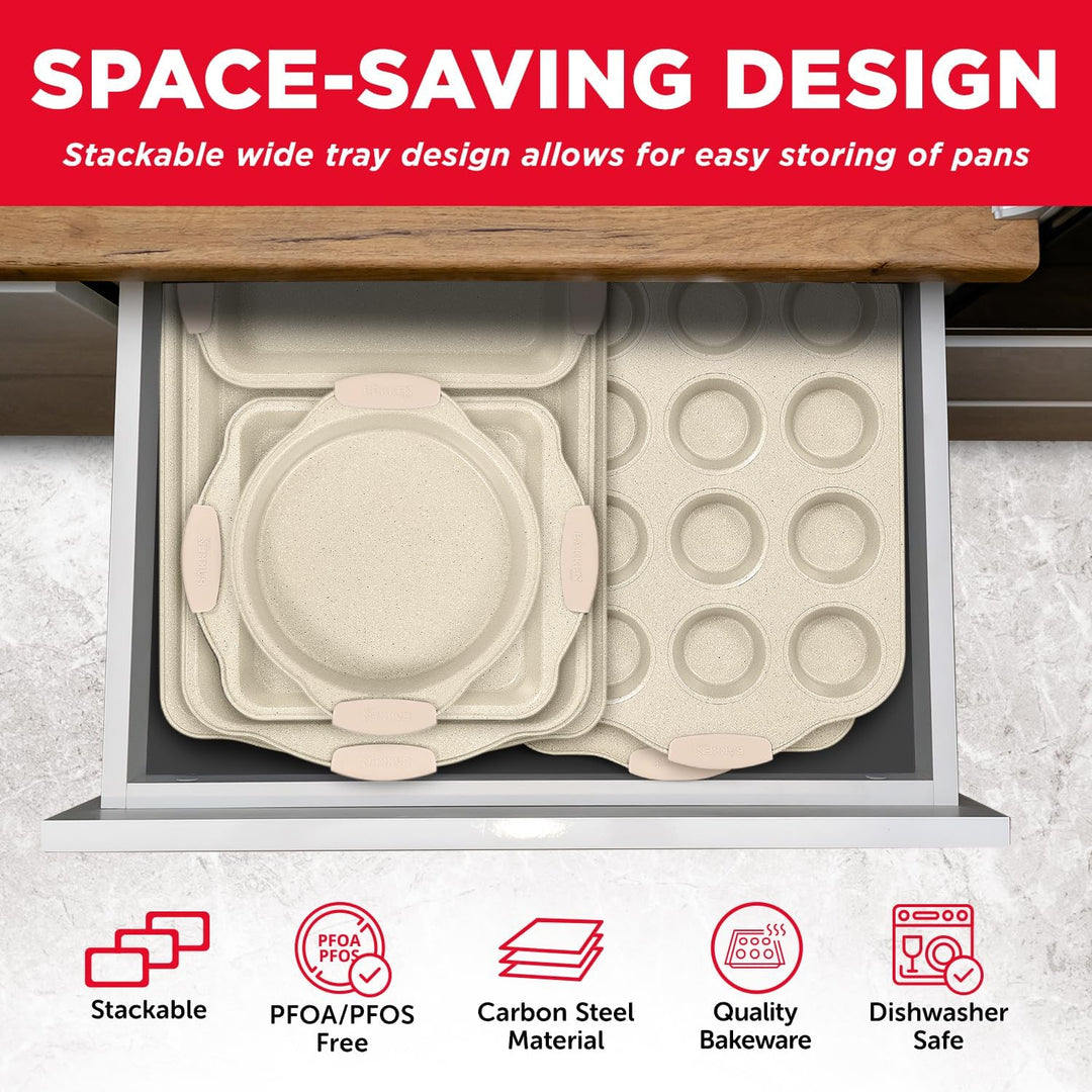 BAKKEN Kitchen Oven Baking Pans - Nonstick Gray Coating, Carbon Steel Bakeware Set with White Silicone Handles, Commercial Restaurant Quality Pans, PFOA, PFOS, PTFE Free, Oven Safe (450° F), Set of 10