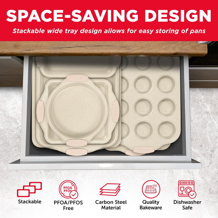 BAKKEN Kitchen Oven Baking Pans - Nonstick Gray Coating, Carbon Steel Bakeware Set with White Silicone Handles, Commercial Restaurant Quality Pans, PFOA, PFOS, PTFE Free, Oven Safe (450° F), Set of 10