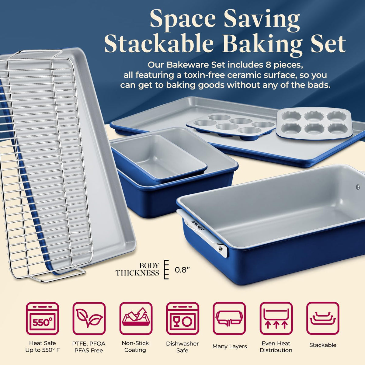 Bakken 8-Piece Ceramic Bakeware Set, Stackable, Blue, photo 3 of 9