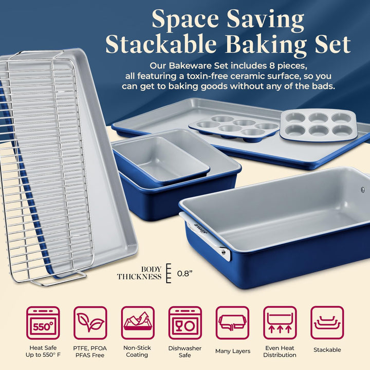 Bakken 8-Piece Stackable Bakeware Set - Ceramic Non-Stick Coating, Baking Sheets, Assorted Baking Pans, PTFE, PFOA & PFOS Free - Healthy Baking, Ergonomic Handles, Cooling Rack, Non-Toxic, Oven-Safe