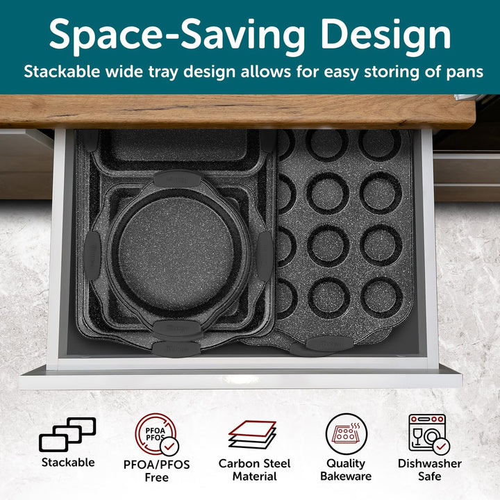 BAKKEN Kitchen Oven Baking Pans - Nonstick Gray Coating, Carbon Steel Bakeware Set with White Silicone Handles, Commercial Restaurant Quality Pans, PFOA, PFOS, PTFE Free, Oven Safe (450° F), Set of 10
