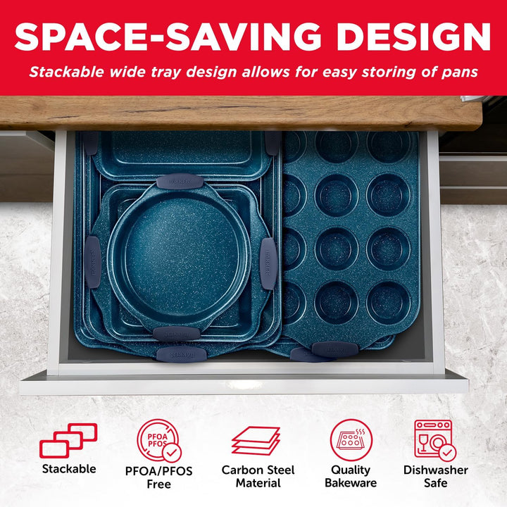 BAKKEN Kitchen Baking Pan Set - Nonstick Coating, Carbon Steel Bakeware Sets with Blue Silicone Handles, Baking Kitchen Essentials, PFOA, PFOS, PTFE Free, Oven Safe Tray (Up To 450° F), Set of 10