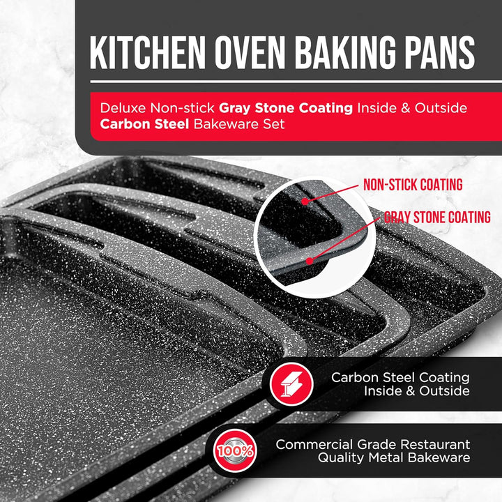 Bakken Swiss Cookie Sheet 3 Piece Set - Non-Stick, Stackable Baking Pans, Gray marble Deluxe Ceramic Coating – Dishwasher Safe - for Home Baking