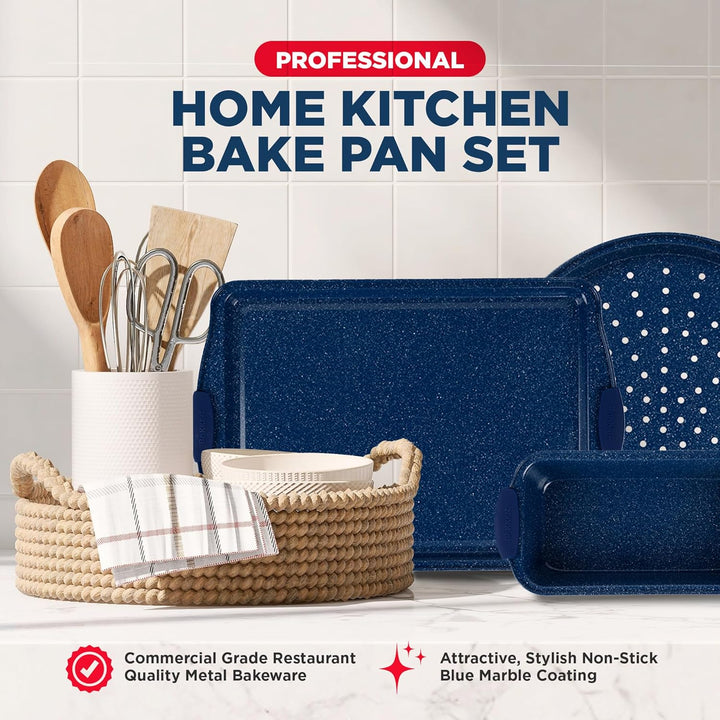 BAKKEN Kitchen Baking Pan Set - Nonstick Coating, Carbon Steel Bakeware Sets with Blue Silicone Handles, Baking Kitchen Essentials, PFOA, PFOS, PTFE Free, Oven Safe Tray (Up To 450° F), Set of 6