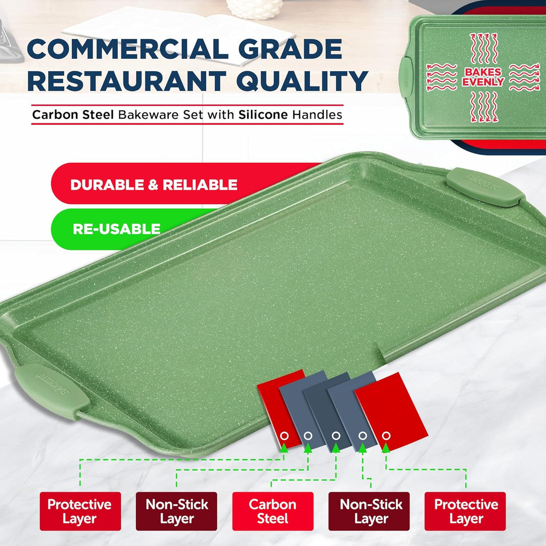 BAKKEN Kitchen Baking Pan Set - Nonstick Green Marble Coating, Carbon Steel Bakeware Sets with Green Silicone Handles, Kitchen Essentials, PFOA, PFOS, PTFE Free, Oven Safe (Up To 450° F), Set of 10