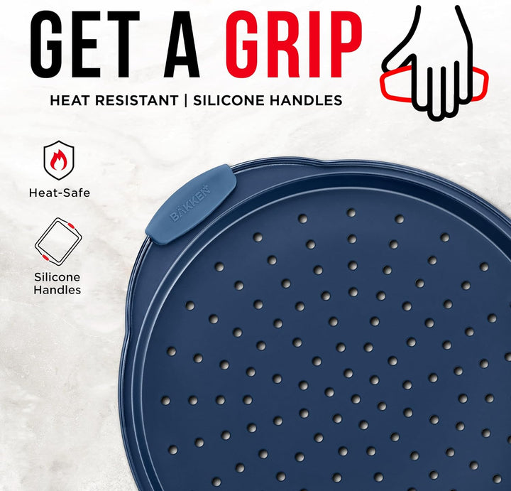 Bakken Pizza Baking Pan - Round Perforated Carbon Steel Pan with Non-Stick Marble Coating, Oversized Silicone Handle, Dishwasher Safe, High-Temperature Resistant, Durable & Easy Cleanup Blue, 2 Pack