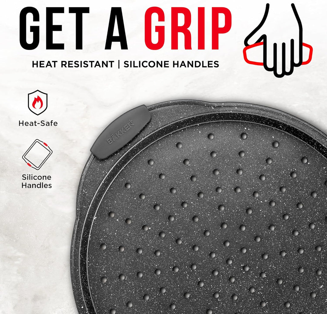 Bakken Pizza Baking Pan - Round Perforated Carbon Steel Pan with Non-Stick Marble Coating, Oversized Silicone Handle, Dishwasher Safe, High-Temperature Resistant, Durable & Easy Cleanup Gray