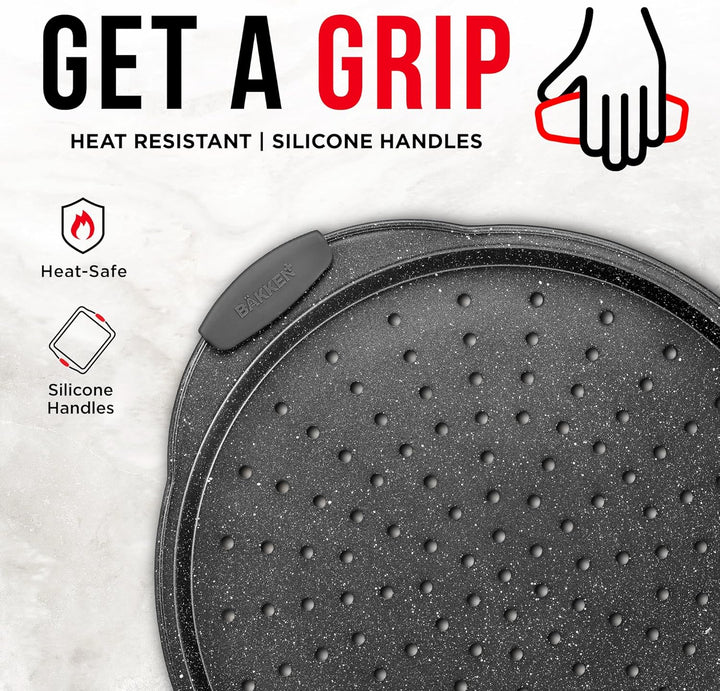 Bakken Pizza Baking Pan - Round Perforated Carbon Steel Pan with Non-Stick Marble Coating, Oversized Silicone Handle, Dishwasher Safe, High-Temperature Resistant, Durable & Easy Cleanup Gray