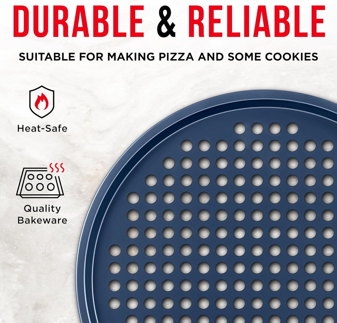 Bakken Pizza Baking Pan - Round Perforated Carbon Steel Pan with Non-Stick Marble Coating, Oversized Silicone Handle, Dishwasher Safe, High-Temperature Resistant, Durable & Easy Cleanup, Pack of 1