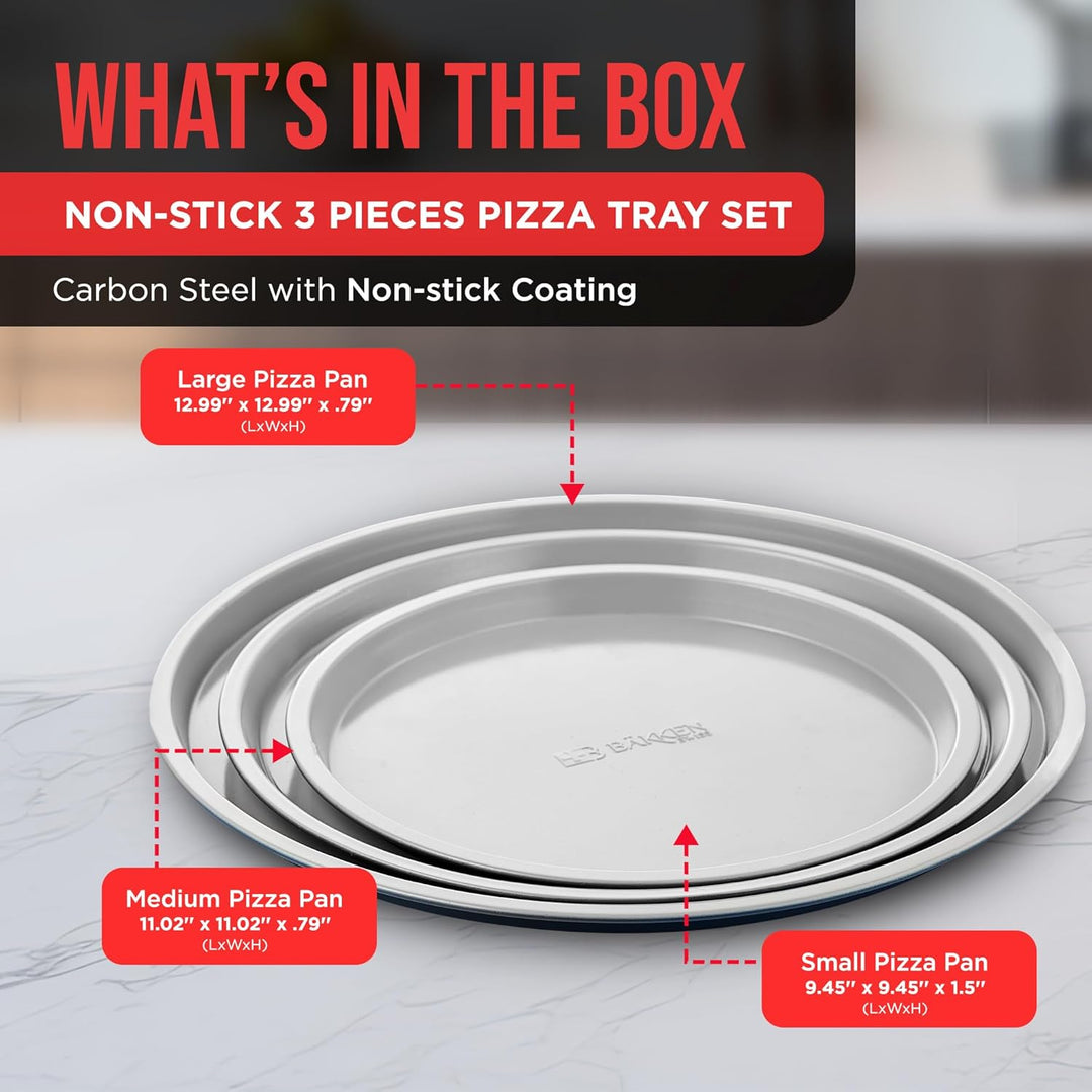 BAKKENMASTER Bakken Swiss Pizza Tray Set 3-Piece – Gray Ceramic Coating, Non-Stick, Round Steel Pizza Pans - Dishwasher Safe, Premium Bakeware for Home Cooking Heatly coating
