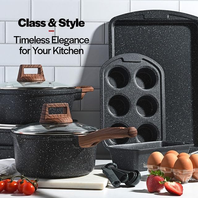 Bakken-Swiss 20-Piece Kitchen Cookware Set – Granite Non-Stick – Eco-Friendly – for All Stoves & Oven-Safe - Marble coating