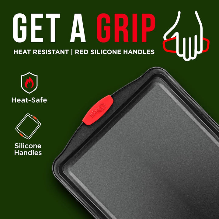 2 Piece Set Nonstick Carbon Steel Oven Bakeware -Professional Quality Kitchen Cooking Baking Trays -PFOA, PFOS, PTFE-Free Small & MediumBaking Sheet Pans with Red Silicone Handles