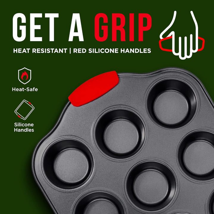 BAKKEN Kitchen Baking Pan Set - Nonstick Coating, Carbon Steel Bakeware Sets with Red Silicone Handles, Baking Kitchen Essentials, PFOA, PFOS, PTFE Free, Oven Safe Tray (Up To 450° F), Set of 18
