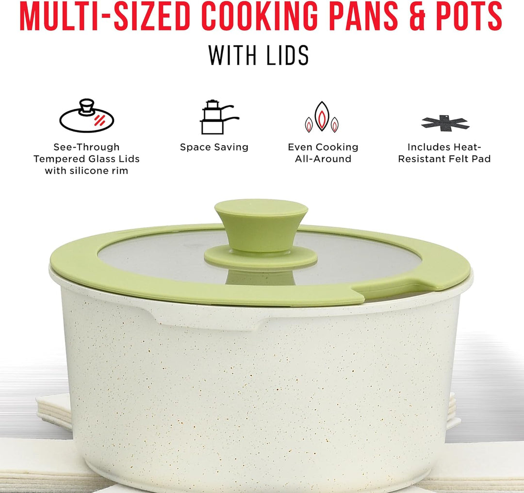 Bakken 15-Piece Non-Stick Cookware Set with Detachable Handles – Granite Stackable Pots and Pans Set, Dish Washer Safe, Oven-Safe, and Compatible Kitchen Essential for All Stoves – Green/Cream