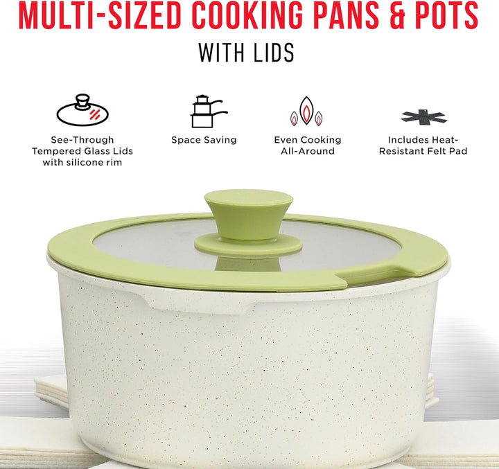 Bakken 15-Piece Non-Stick Cookware Set with Detachable Handles – Granite Stackable Pots and Pans Set, Dish Washer Safe, Oven-Safe, and Compatible Kitchen Essential for All Stoves – Green/Cream