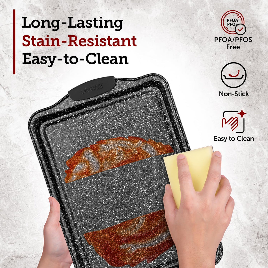 BAKKEN Kitchen Oven Baking Pans - Nonstick Gray Coating, Carbon Steel Bakeware Set with White Silicone Handles, Commercial Restaurant Quality Pans, PFOA, PFOS, PTFE Free, Oven Safe (450° F), Set of 10