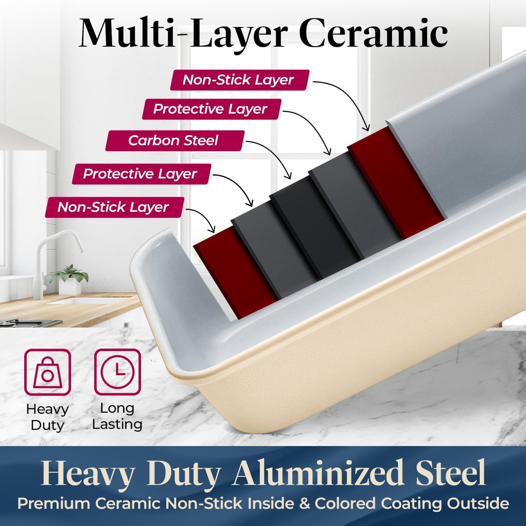 Bakken 8-Piece Stackable Bakeware Set - Ceramic Non-Stick Coating, Baking Sheets, Assorted Baking Pans, PTFE, PFOA & PFOS Free - Healthy Baking, Ergonomic Handles, Cooling Rack, Non-Toxic, Oven-Safe