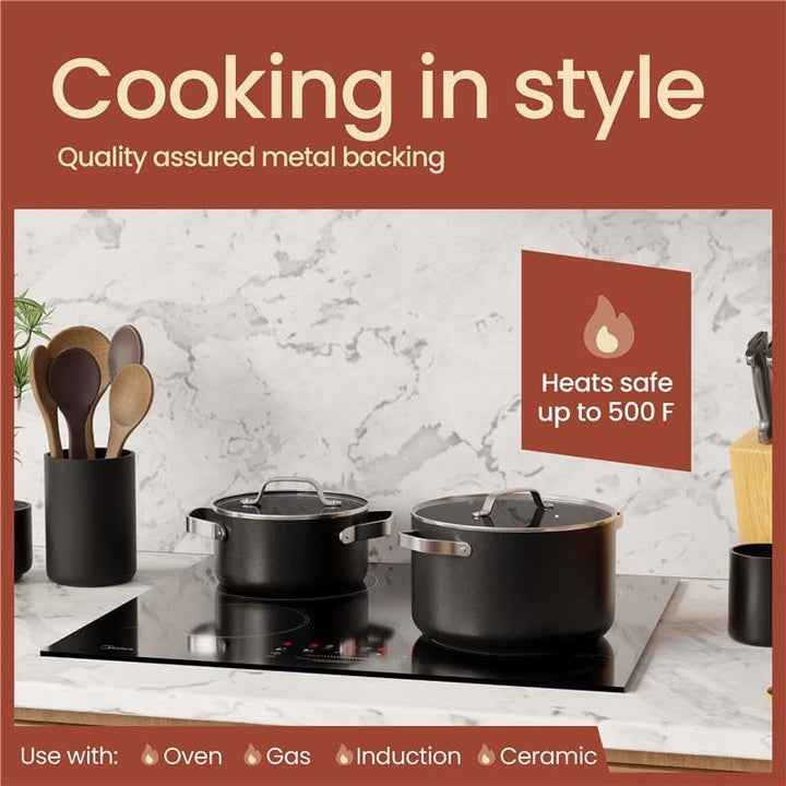 Black 5 Quart Aluminum Stock Pot with Lid, Nonstick Ceramic Coated Boiling Pot, PTFE & PFAS Free, Oven Safe to 500°F, Riveted Stainless Steel Handles, Tempered Glass Lid, All Stove Compatible