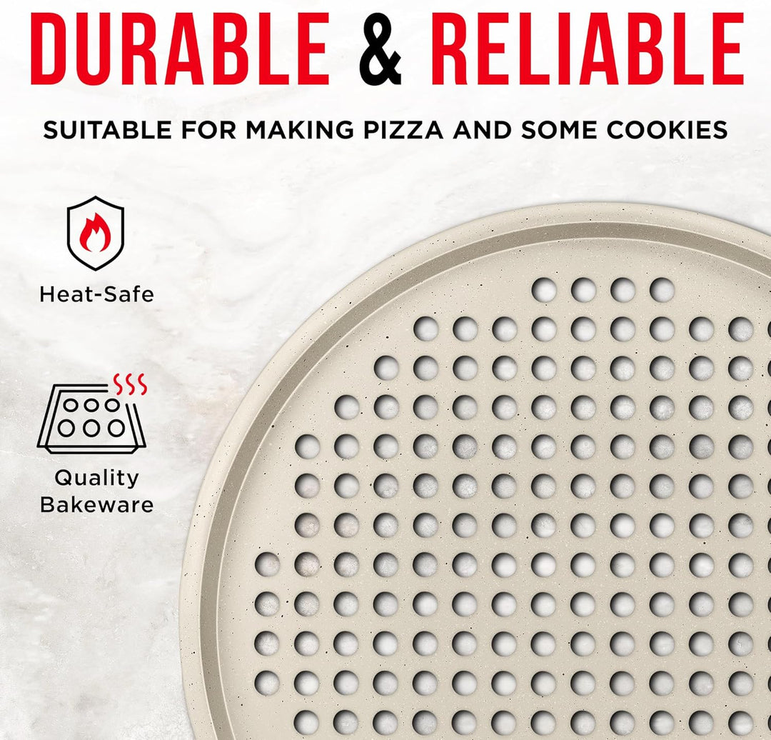 Bakken Pizza Baking Pan - Round Perforated Carbon Steel Pan with Non-Stick Marble Coating, Oversized Silicone Handle, Dishwasher Safe, High-Temperature Resistant, Durable & Easy Cleanup White, 2 Pack