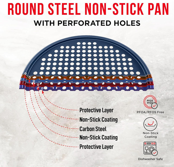 Bakken Pizza Baking Pan - Round Perforated Carbon Steel Pan with Non-Stick Marble Coating, Oversized Silicone Handle, Dishwasher Safe, High-Temperature Resistant, Durable & Easy Cleanup, Pack of 1