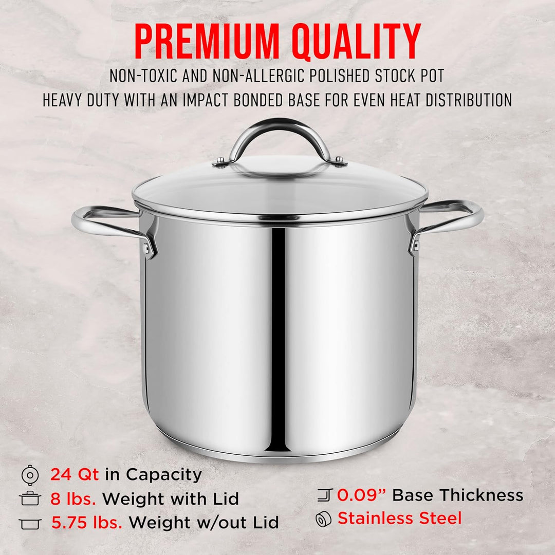 Bakken-Swiss Deluxe 24-Quart Stainless Steel Stockpot w/Tempered Glass See-Through Lid - Simmering Delicious Soups Stews & Induction Cooking - Exceptional Heat Distribution - Heavy-Duty & Food-Grade