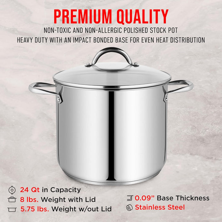Bakken-Swiss Deluxe 24-Quart Stainless Steel Stockpot w/Tempered Glass See-Through Lid - Simmering Delicious Soups Stews & Induction Cooking - Exceptional Heat Distribution - Heavy-Duty & Food-Grade
