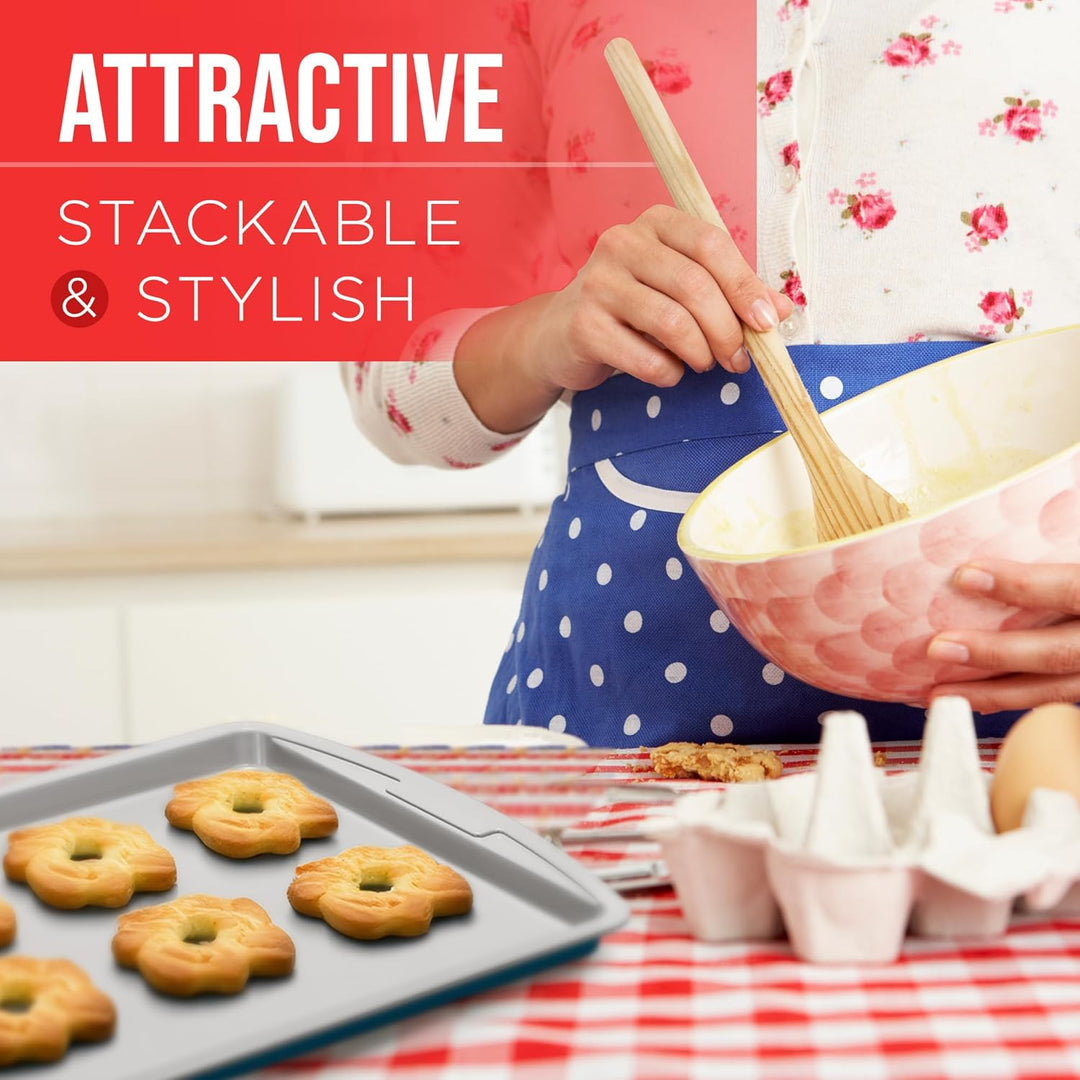 Bakken Swiss Cookie Sheet 3 Piece Set - Non-Stick, Stackable Baking Pans, Deluxe Ceramic Coating – Dishwasher Safe - for Home Baking