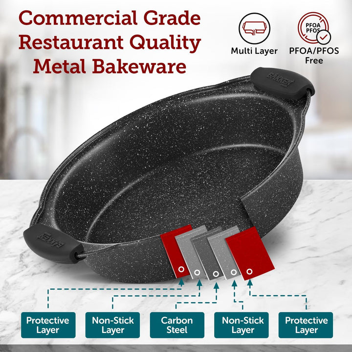 BAKKEN Kitchen Oven Baking Pans - Nonstick Gray Coating, Carbon Steel Bakeware Set with White Silicone Handles, Commercial Restaurant Quality Pans, PFOA, PFOS, PTFE Free, Oven Safe (450° F), Set of 10