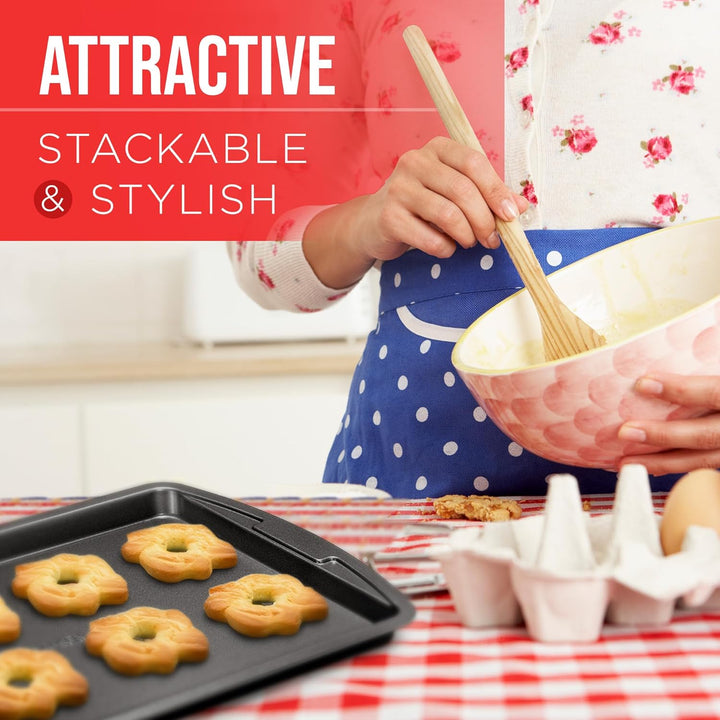 Bakken Swiss Cookie Sheet 3 Piece Set - Non-Stick, Stackable Baking Pans, Gray Deluxe Ceramic Coating – Dishwasher Safe - for Home Baking