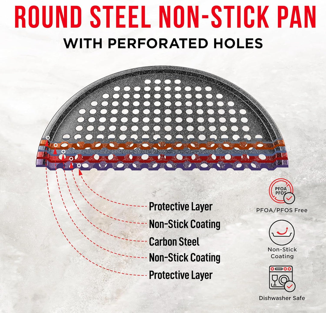 Bakken Pizza Baking Pan - Round Perforated Carbon Steel Pan with Non-Stick Marble Coating, Oversized Silicone Handle, Dishwasher Safe, High-Temperature Resistant, Durable & Easy Cleanup Gray, 2 Pack