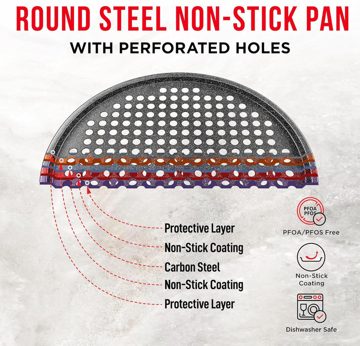 Bakken Pizza Baking Pan - Round Perforated Carbon Steel Pan with Non-Stick Marble Coating, Oversized Silicone Handle, Dishwasher Safe, High-Temperature Resistant, Durable & Easy Cleanup Gray, 2 Pack