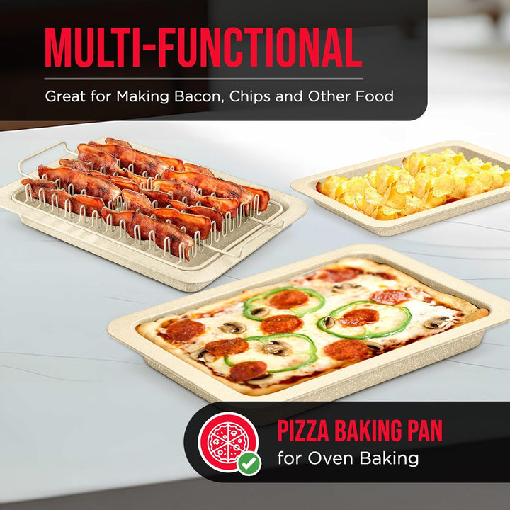 Bacon Tray - 2-Piece Set – Marble Coating - Durable, Non-Stick Cooking Tray for Bacon – White Stone Tray and Carbon Steel Rack