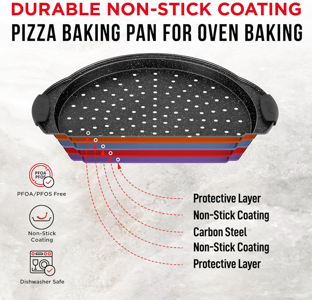 Bakken Pizza Baking Pan - Round Perforated Carbon Steel Pan with Non-Stick Marble Coating, Oversized Silicone Handle, Dishwasher Safe, High-Temperature Resistant, Durable & Easy Cleanup Gray