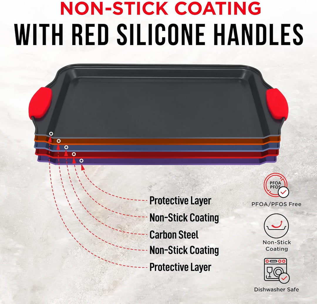 BAKKEN Kitchen Baking Pan Set - Nonstick Coating, Carbon Steel Bakeware Sets with Red Silicone Handles, Baking Kitchen Essentials, PFOA, PFOS, PTFE Free, Oven Safe Tray (Up To 450° F), Set of 18