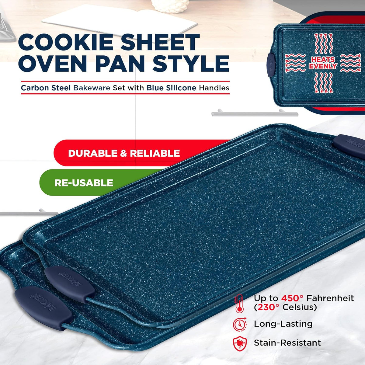 Bakken 3-Piece Cookie Sheet Set, Gray with Blue Handles, photo 5 of 7