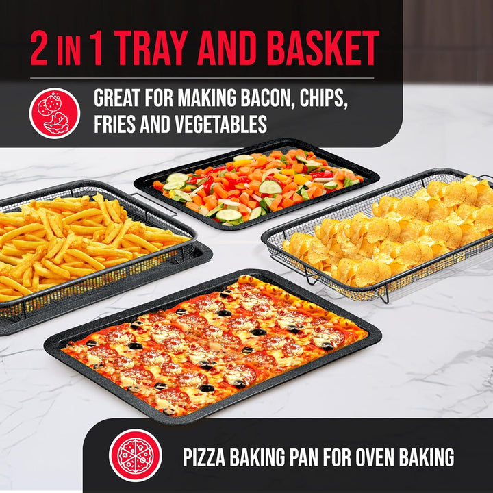 Bakken- Swiss Crisper Tray Gray marble Coating - 2-Piece Set , Non-Stick Basket Design for Healthier Cooking in Regular Ovens - Make Great Crispy Food , Bacon and More, Extra Large Size 19" x 13"