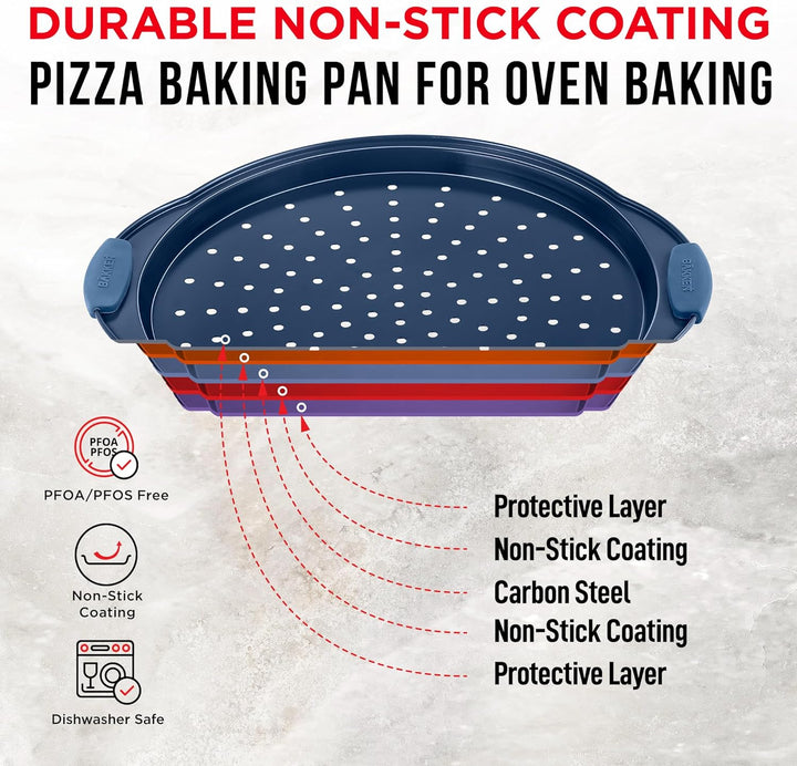 Bakken Pizza Baking Pan - Round Perforated Carbon Steel Pan with Non-Stick Marble Coating, Oversized Silicone Handle, Dishwasher Safe, High-Temperature Resistant, Durable & Easy Cleanup Blue, 2 Pack