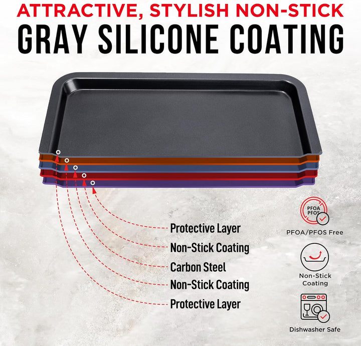 3 Piece Set Nonstick Carbon Steel Oven Bakeware -Professional Quality Kitchen Cooking Baking Trays -PFOA, PFOS, PTFE-Free Small, Medium & Large Baking Sheet Pans