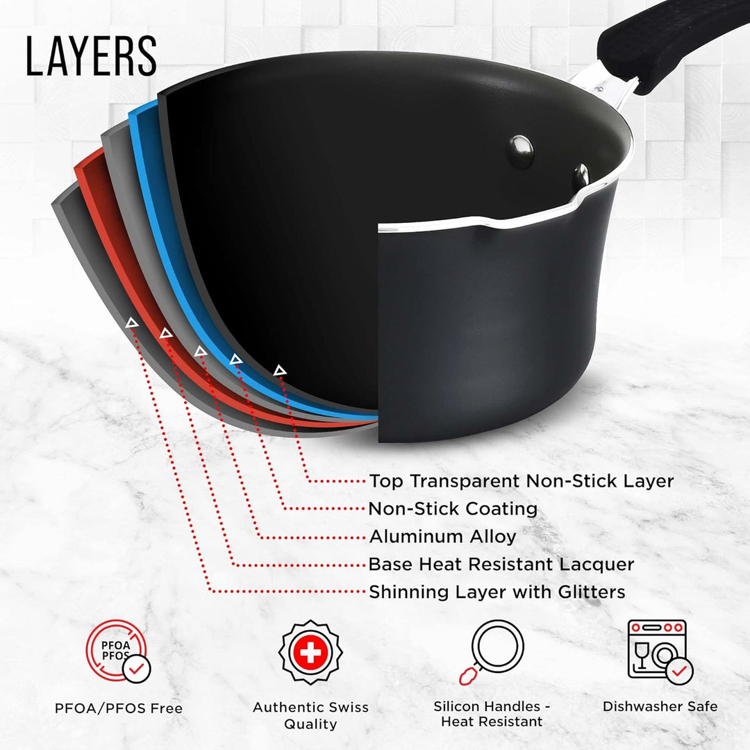 Pots and Pans Set – 14 Piece – Non-Stick Professional Home Kitchenware – Cooking Pots with Lids – Skillet Fry Pans – Suitable for Gas, Electric, Ceramic and Induction Counter Cooktops - Black