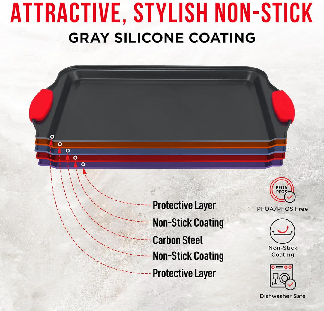 2 Piece Set Nonstick Carbon Steel Oven Bakeware -Professional Quality Kitchen Cooking Baking Trays -PFOA, PFOS, PTFE-Free Small & MediumBaking Sheet Pans with Red Silicone Handles