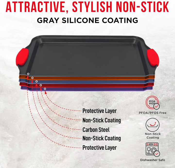 2 Piece Set Nonstick Carbon Steel Oven Bakeware -Professional Quality Kitchen Cooking Baking Trays -PFOA, PFOS, PTFE-Free Small & MediumBaking Sheet Pans with Red Silicone Handles