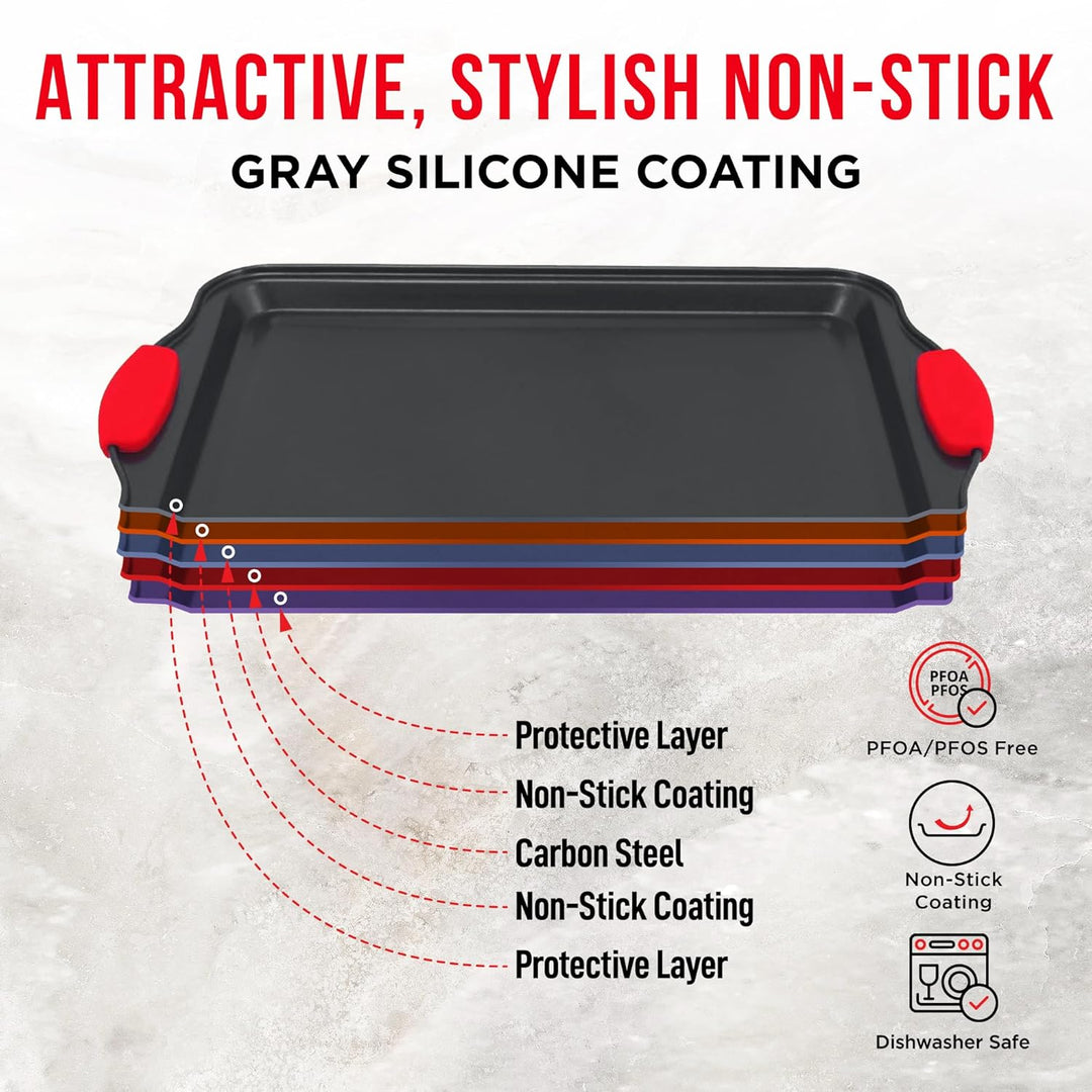 2 Piece Set Nonstick Carbon Steel Oven Bakeware -Professional Quality Kitchen Cooking Baking Trays -PFOA, PFOS, PTFE-Free Medium & Large Baking Sheet Pans with Red Silicone Handles