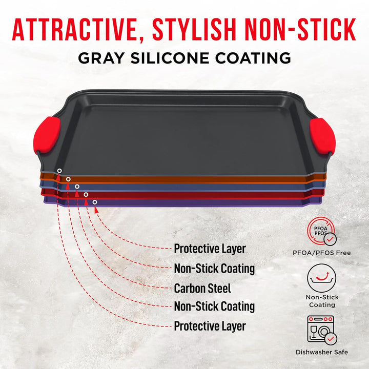 2 Piece Set Nonstick Carbon Steel Oven Bakeware -Professional Quality Kitchen Cooking Baking Trays -PFOA, PFOS, PTFE-Free Medium & Large Baking Sheet Pans with Red Silicone Handles