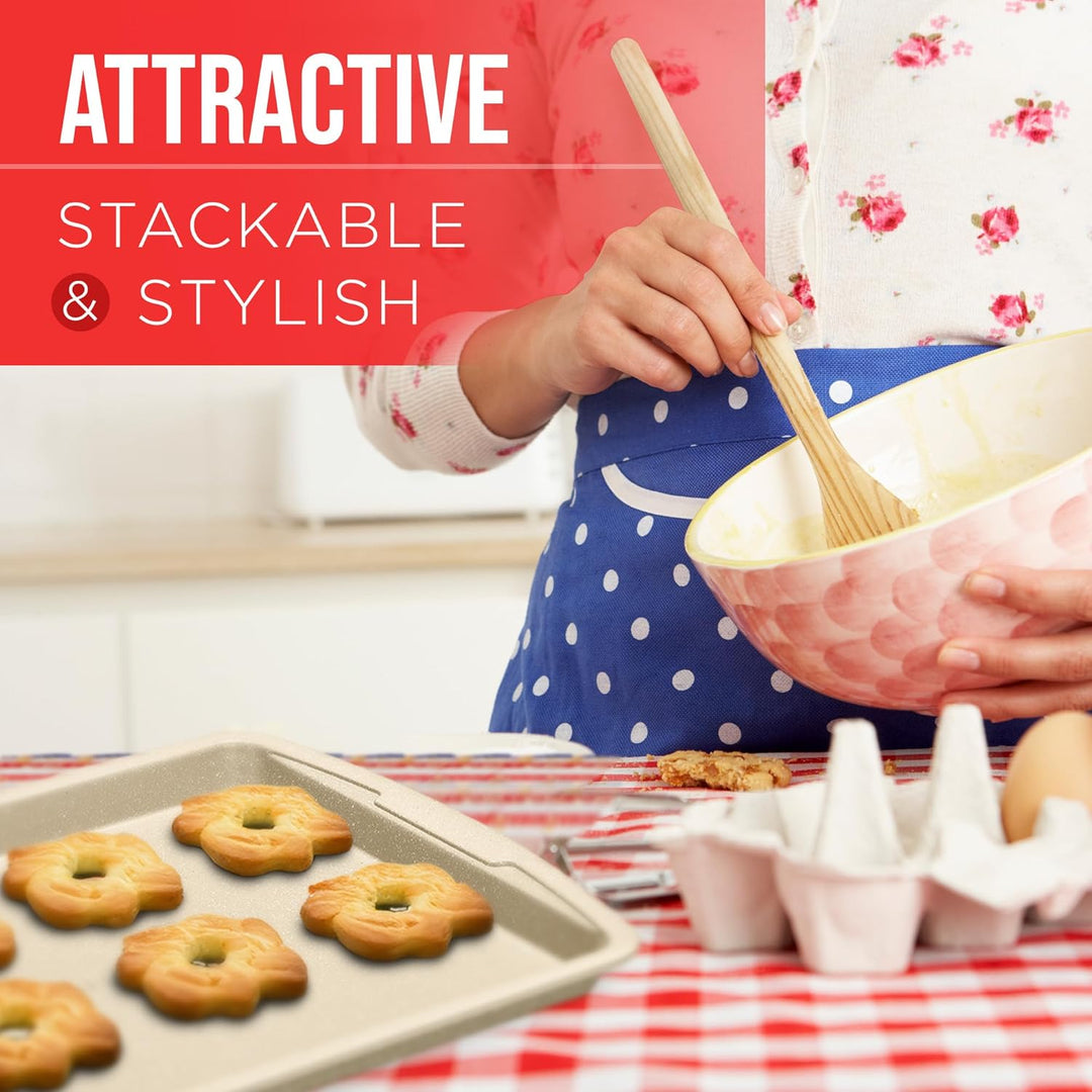Bakken Swiss Cookie Sheet 3 Piece Set - Non-Stick, Stackable Baking Pans, White marble Deluxe Ceramic Coating – Dishwasher Safe - for Home Baking