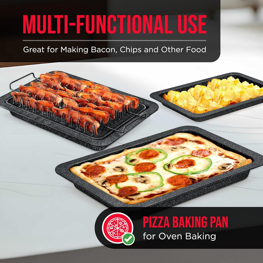 Bacon Tray - 2-Piece Set – Marble Coating - Durable, Non-Stick Cooking Tray for Bacon – Black Stone Tray and Carbon Steel Rack