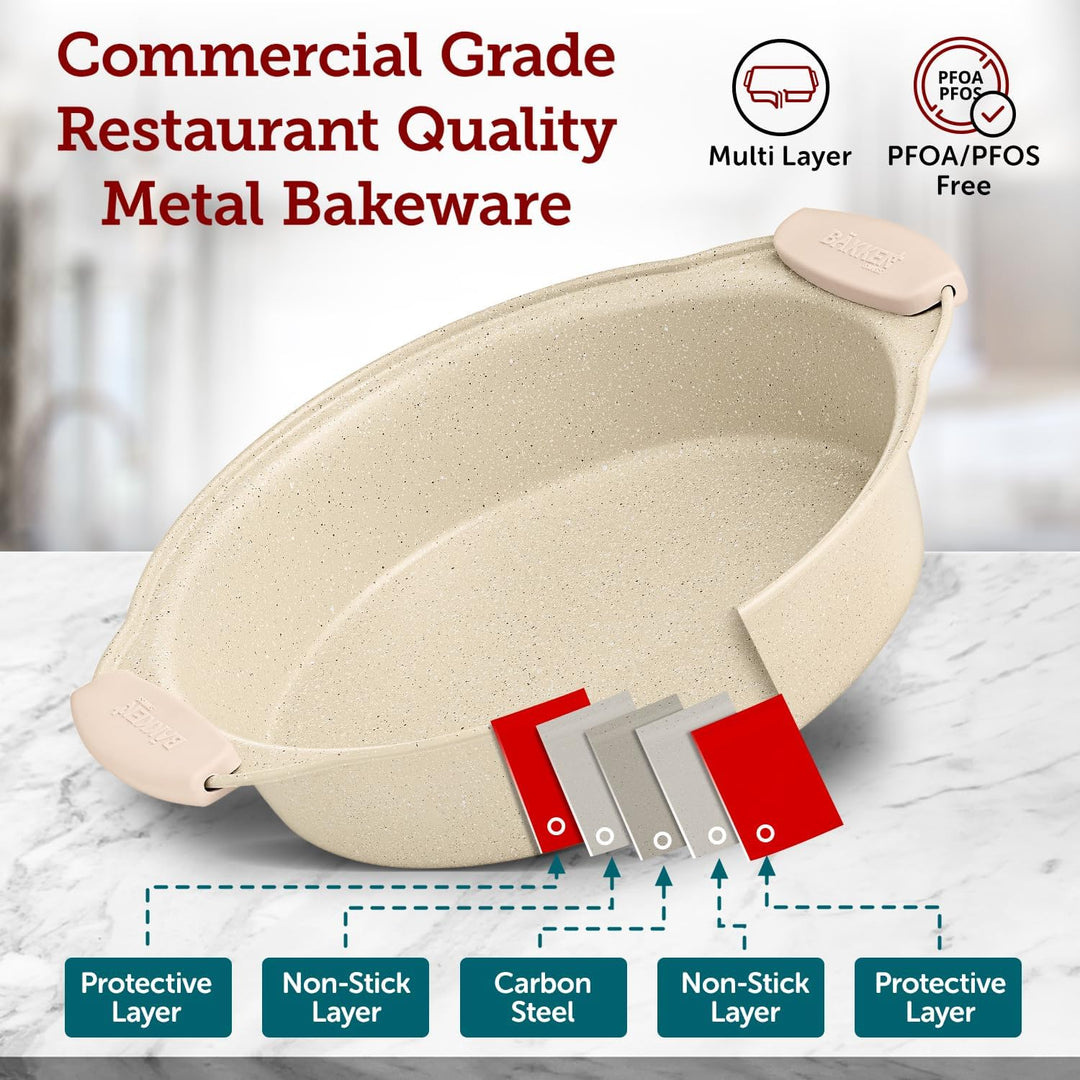 Deluxe 8-Piece Carbon Steel Bakeware Set - Nonstick White Marble Coating, Silicone Handles - Professional Quality Kitchen Oven Baking Pans