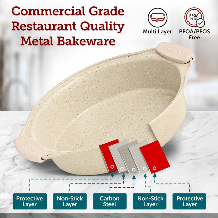 Deluxe 8-Piece Carbon Steel Bakeware Set - Nonstick White Marble Coating, Silicone Handles - Professional Quality Kitchen Oven Baking Pans