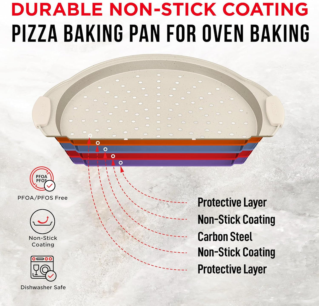 Bakken Pizza Baking Pan - Round Perforated Carbon Steel Pan with Non-Stick Marble Coating, Oversized Silicone Handle, Dishwasher Safe, High-Temperature Resistant, Durable, and Easy Cleanup White