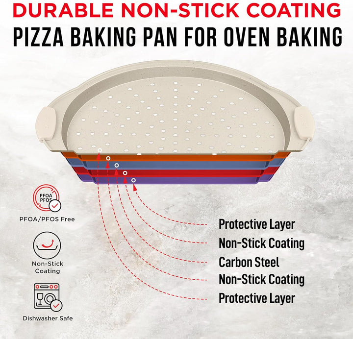Bakken Pizza Baking Pan - Round Perforated Carbon Steel Pan with Non-Stick Marble Coating, Oversized Silicone Handle, Dishwasher Safe, High-Temperature Resistant, Durable, and Easy Cleanup White
