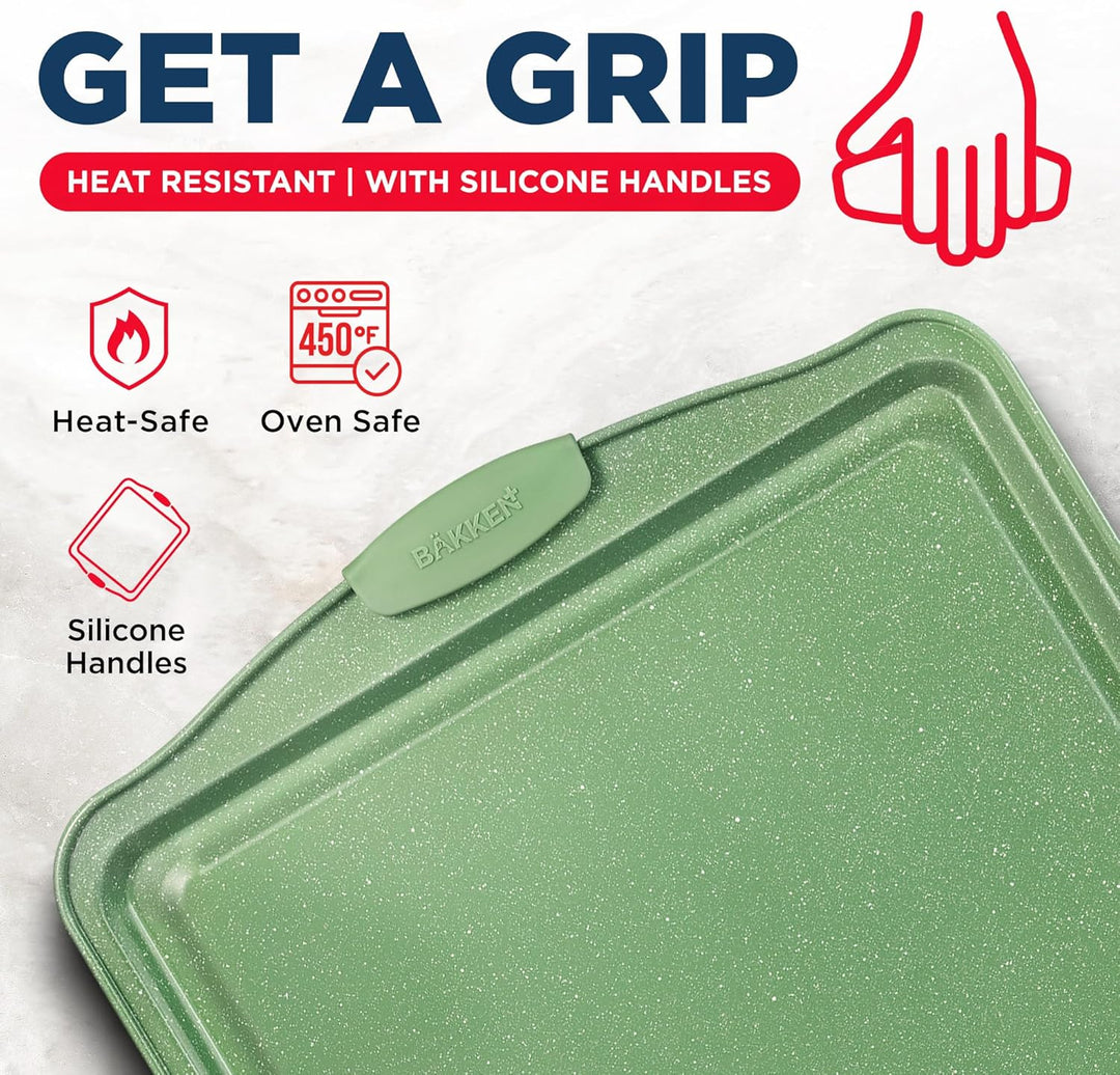 BAKKEN Kitchen Baking Pan Set - Nonstick Green Marble Coating, Carbon Steel Bakeware Sets with Green Silicone Handles, Kitchen Essentials, PFOA, PFOS, PTFE Free, Oven Safe (Up To 450° F), Set of 18